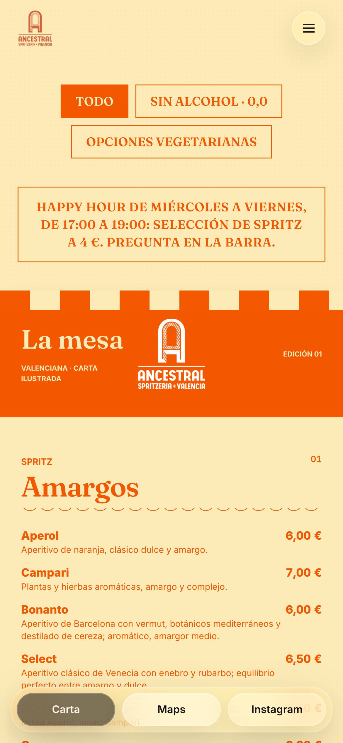 La carta publicada de Ancestral Spritzeria en un móvil, con la sección de spritz amargos y sus precios.